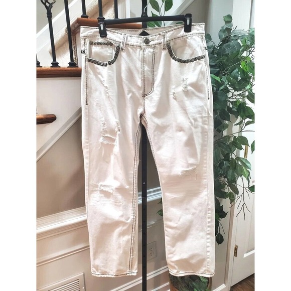 Lanzzino Men's White 100% Cotton Straight Leg Casual Distressed Pant Size 38 - Picture 12 of 12